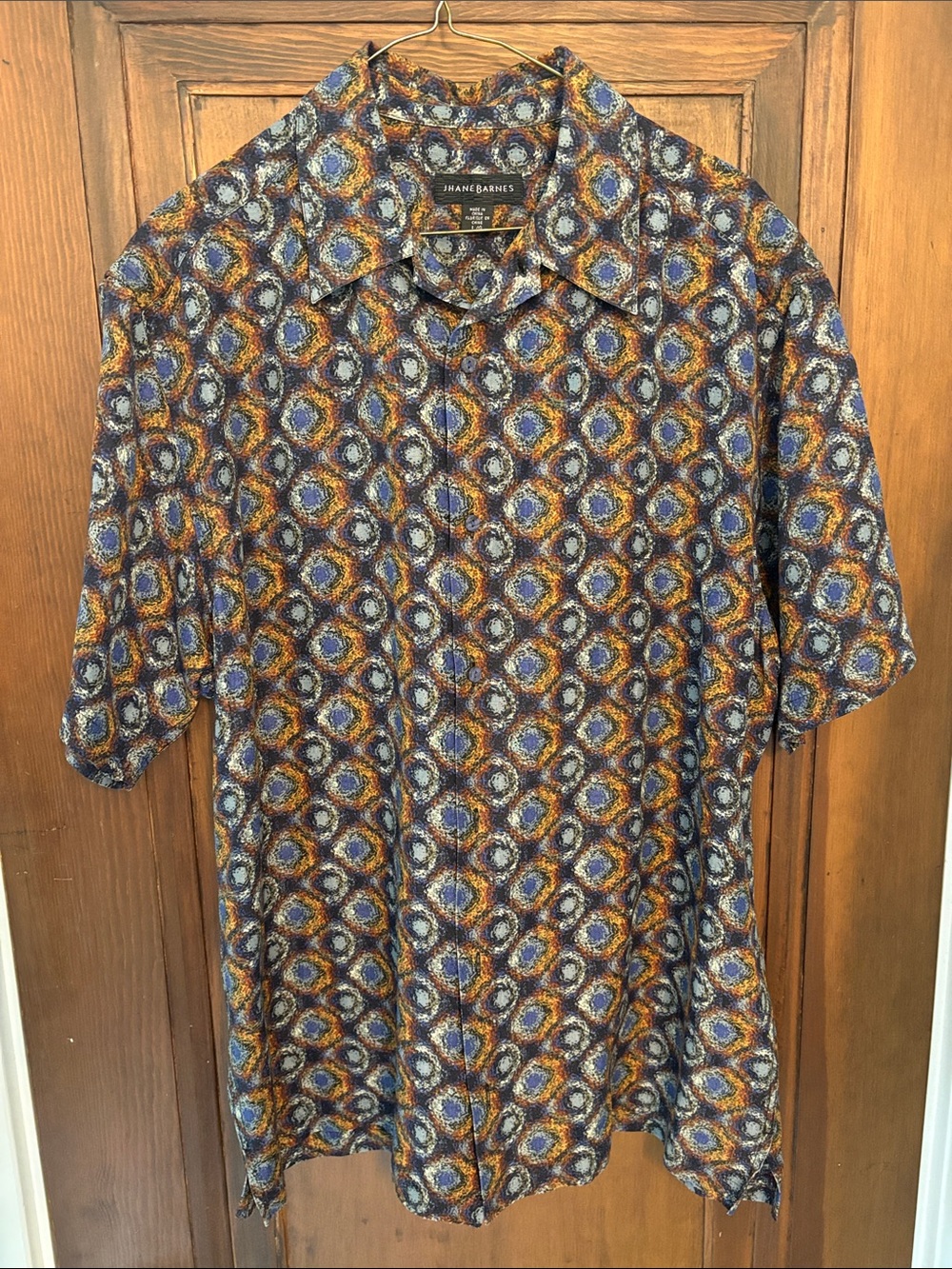 Jhane barnes Short Sleeve Button-Down Shirt in Blue and Brown Geometric Print